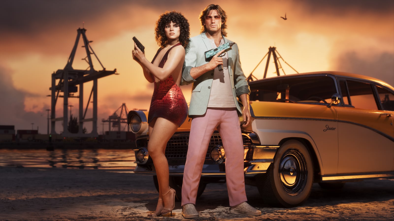 Jason and Lucia in Vintage Vice City Pack outfits beside a classic car at the docks